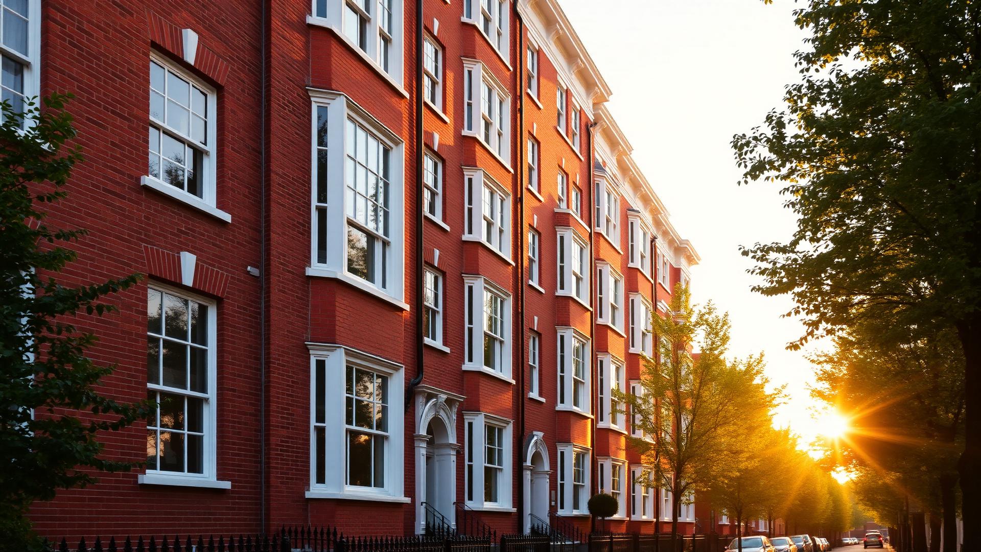 Period red-brick London mansion block in evening light