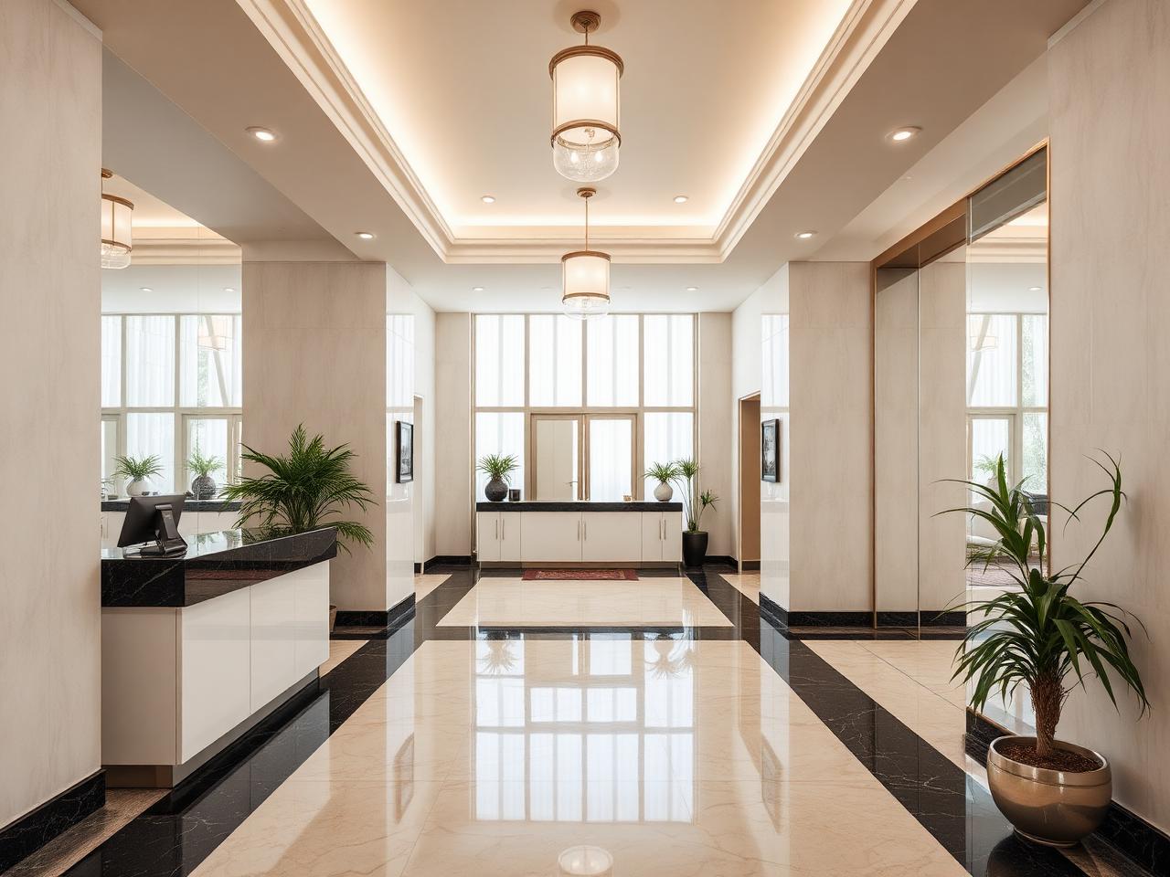 Well-maintained residential communal entrance hall with concierge desk